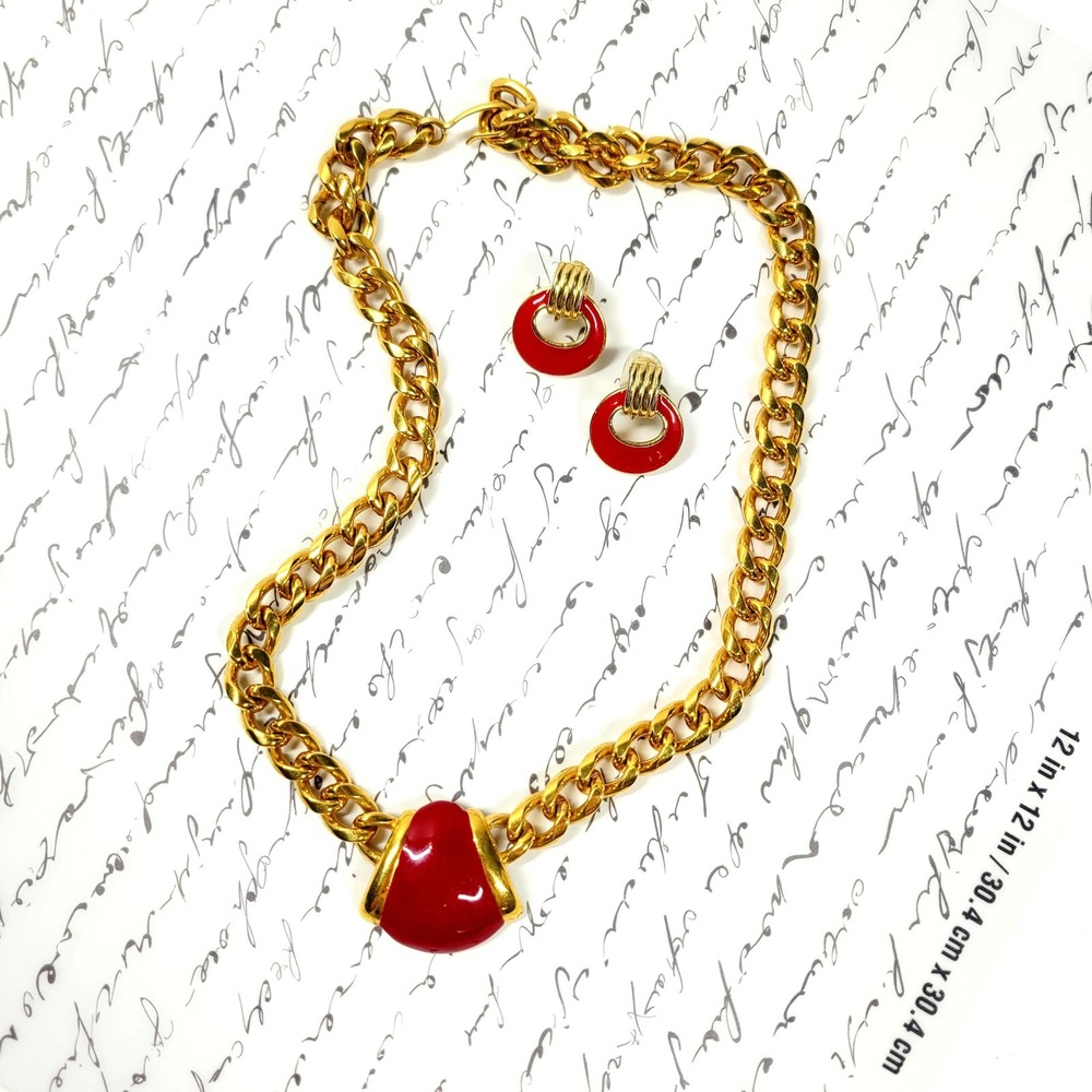 Vintage Monet Red Enamel Choker Necklace Earrings Set, Gold Curb Chain